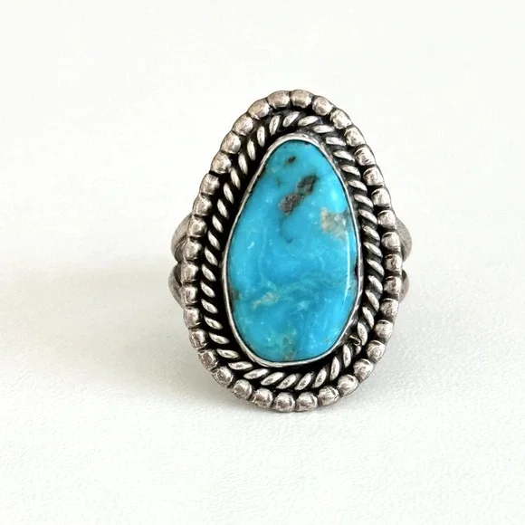 Vintage 925 Sterling Silver Turquoise Large Southwestern Tall Band Ring Size 8